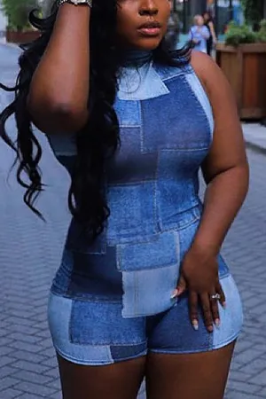 JD647 Colorblock Crew Neck Sleeveless Tank Denim Romper