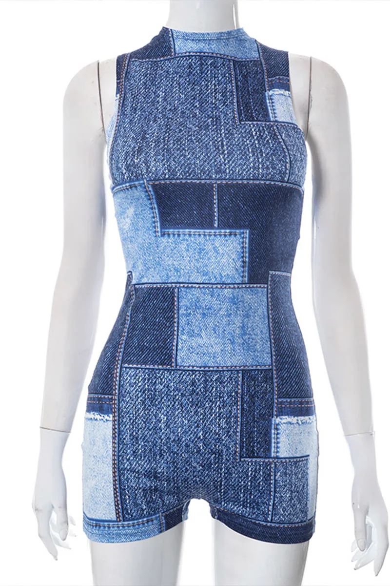 JD647 Colorblock Crew Neck Sleeveless Tank Denim Romper