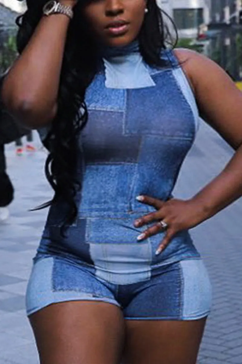 JD647 Colorblock Crew Neck Sleeveless Tank Denim Romper