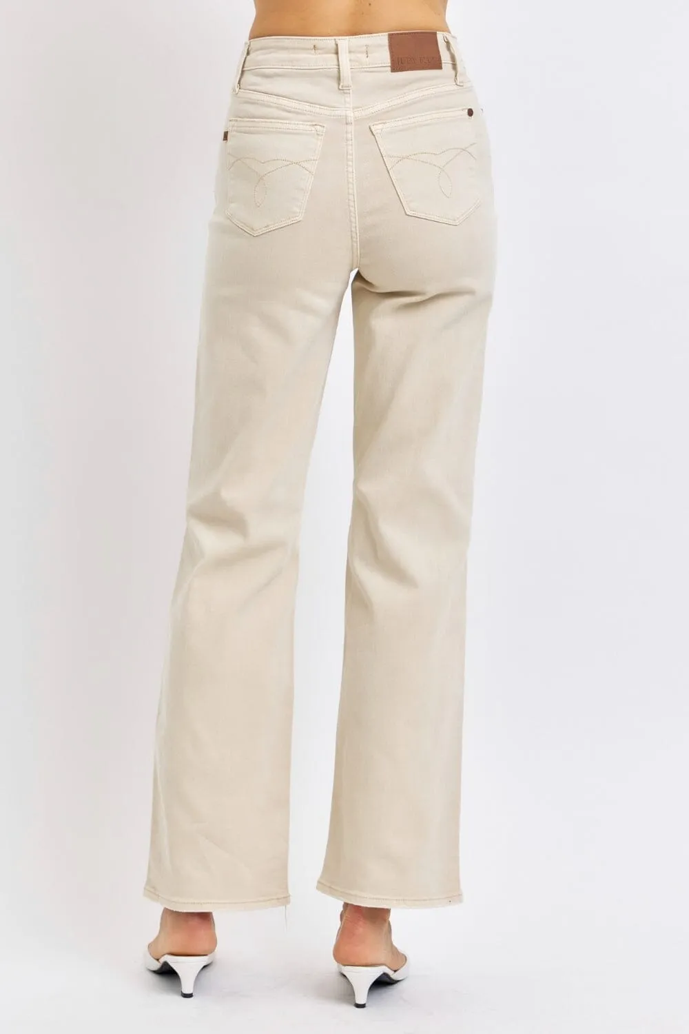 Judy Blue Bone Beige High Waist Distressed Wide Leg Jeans