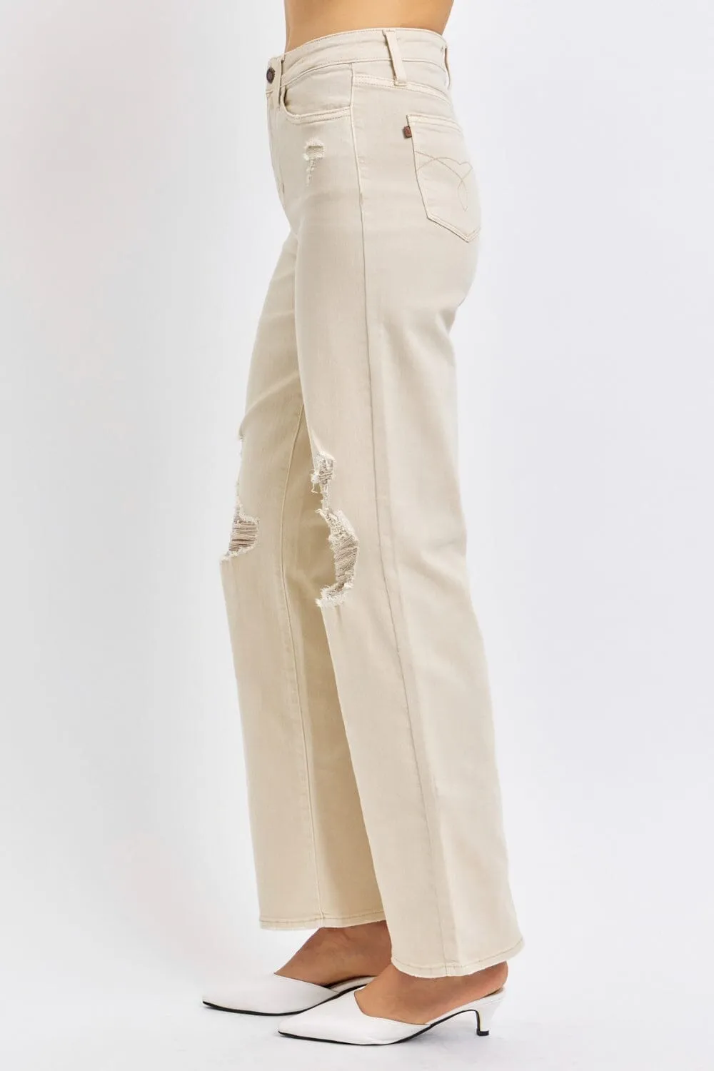 Judy Blue Bone Beige High Waist Distressed Wide Leg Jeans