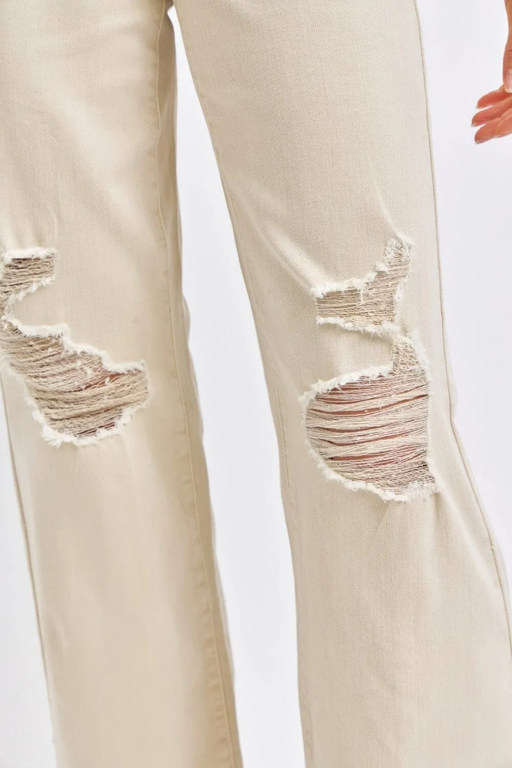 Judy Blue Bone Beige High Waist Distressed Wide Leg Jeans