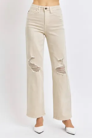 Judy Blue Bone Beige High Waist Distressed Wide Leg Jeans