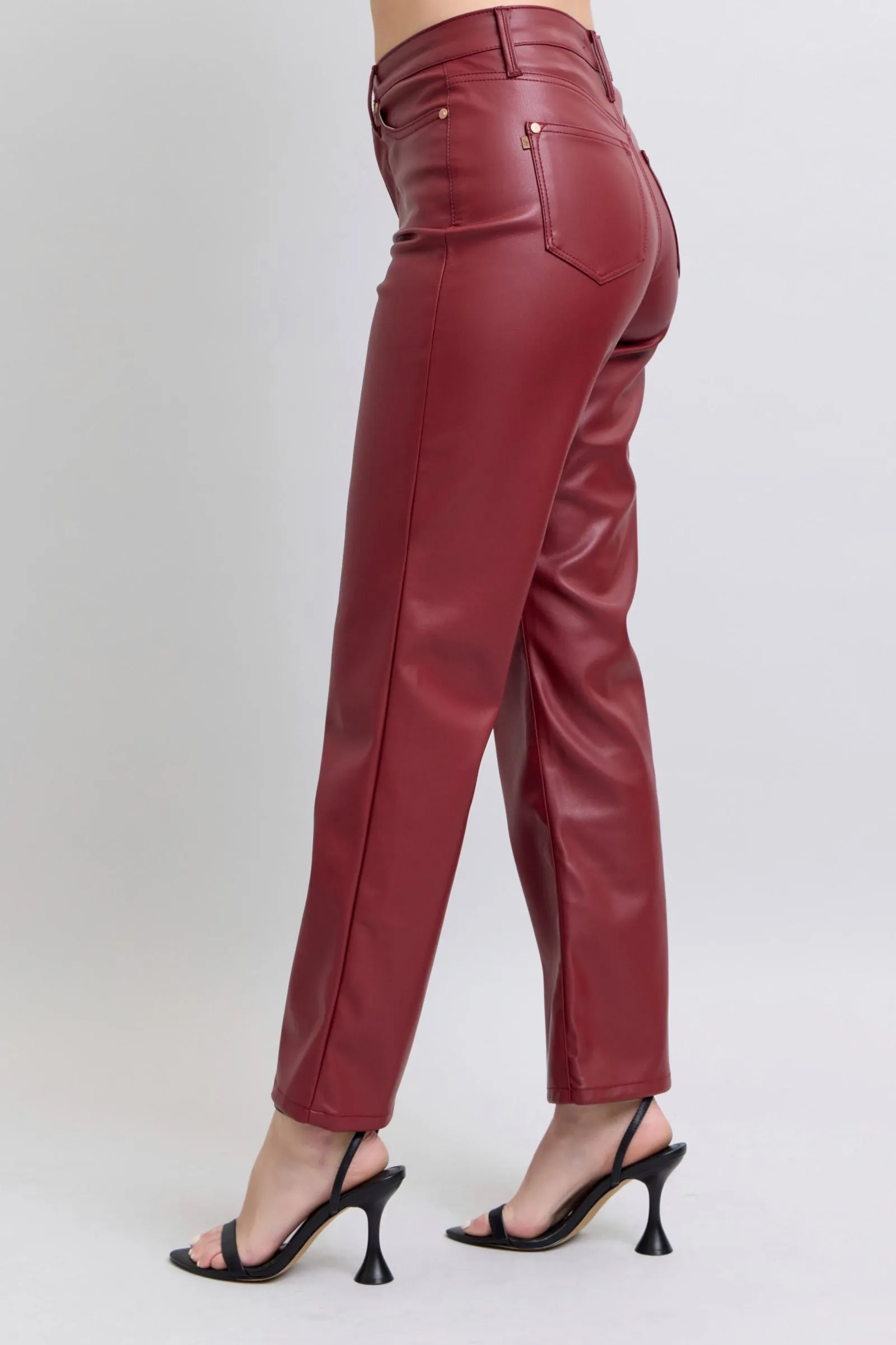 Judy Blue Reg/Plus High Waist Tummy Control Red Vegan Leather Straight Leg Jeans