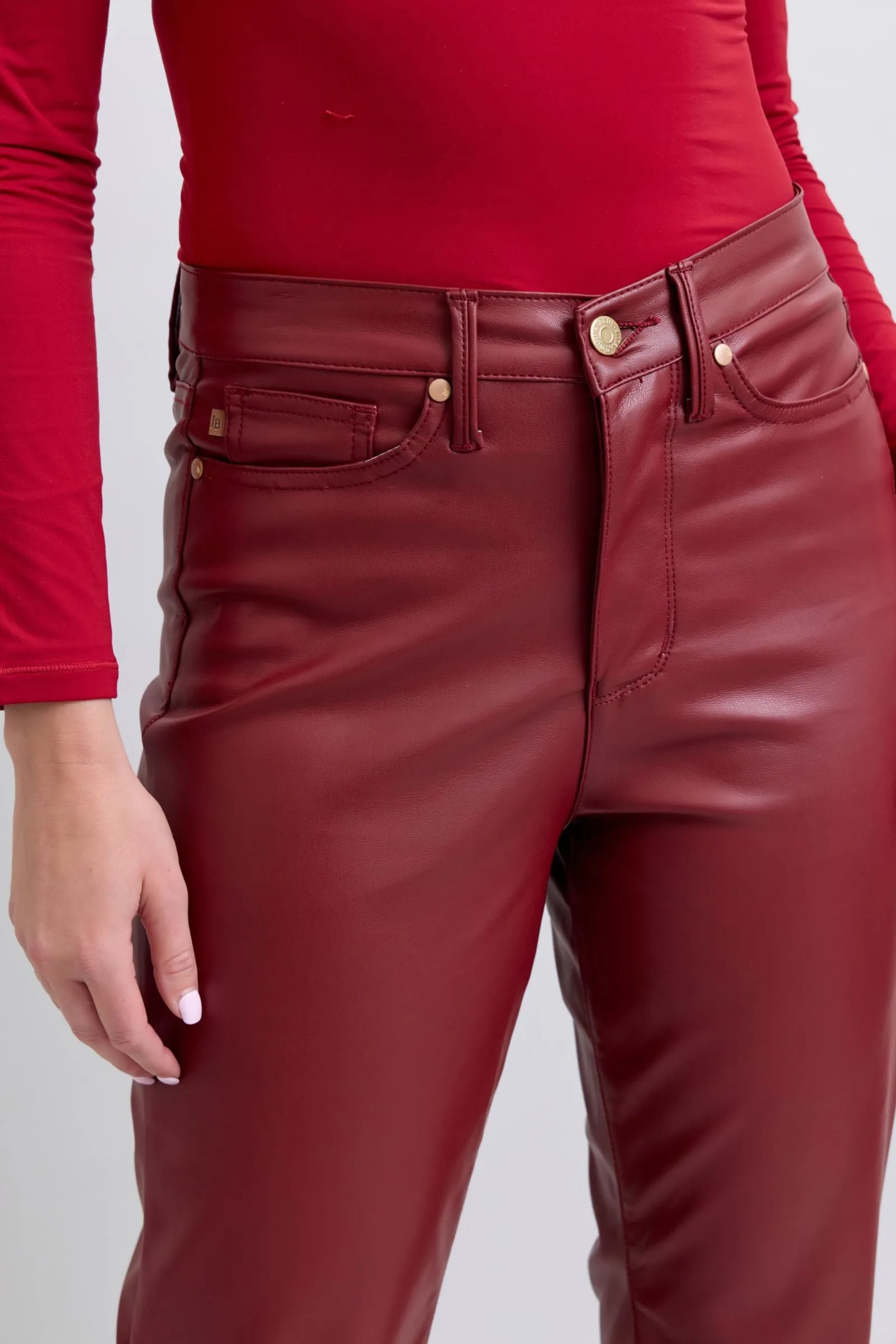 Judy Blue Reg/Plus High Waist Tummy Control Red Vegan Leather Straight Leg Jeans