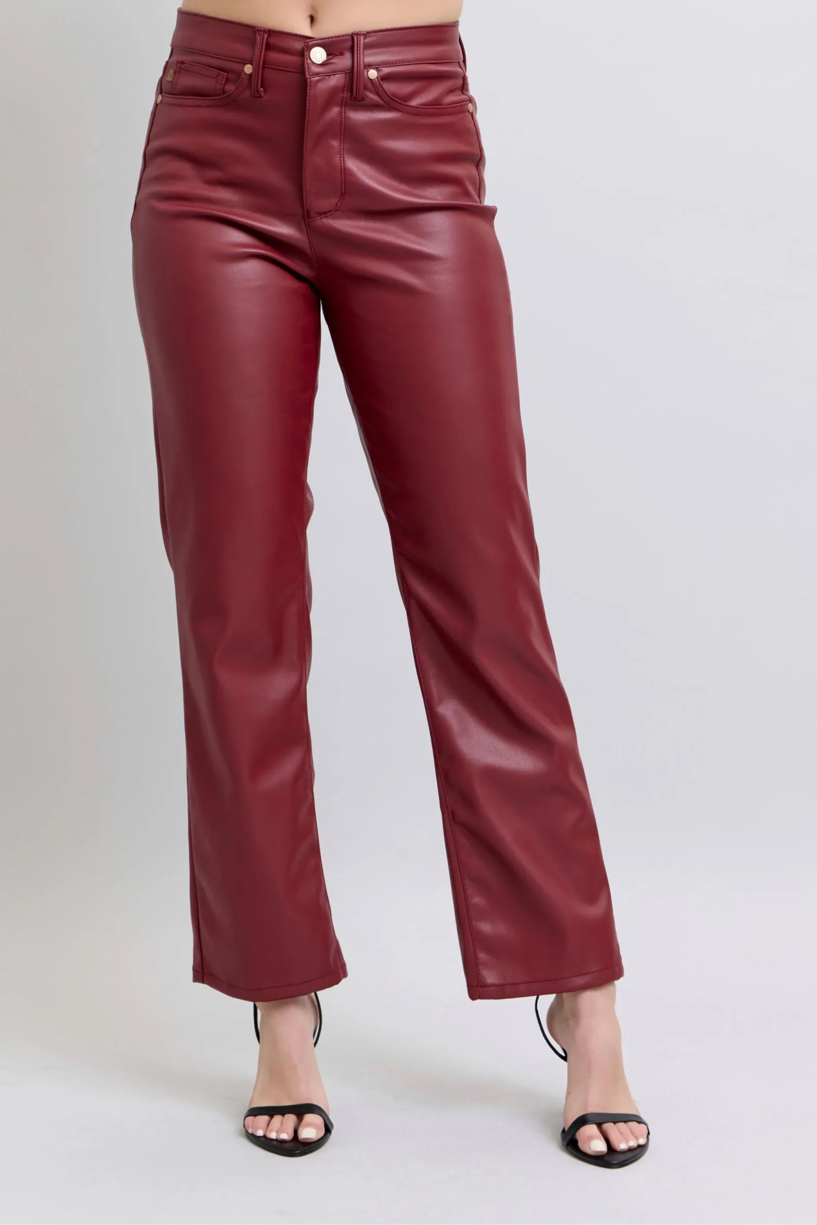 Judy Blue Reg/Plus High Waist Tummy Control Red Vegan Leather Straight Leg Jeans