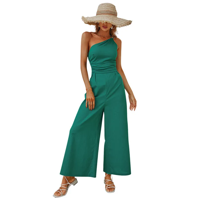 Ladies Sleeveless One Shoulder Backless Sexy Wide Leg Slim Jumpsuit
