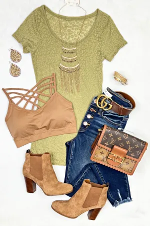 Leopard Burnout Scoop Neck Top - Lt Olive