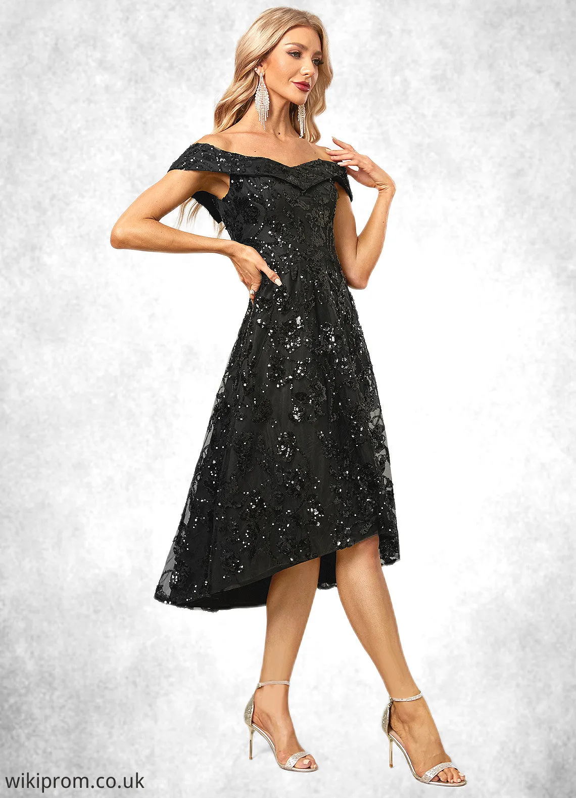 London A-line Off the Shoulder Asymmetrical Lace Sequin Cocktail Dress With Sequins SWKP0022328