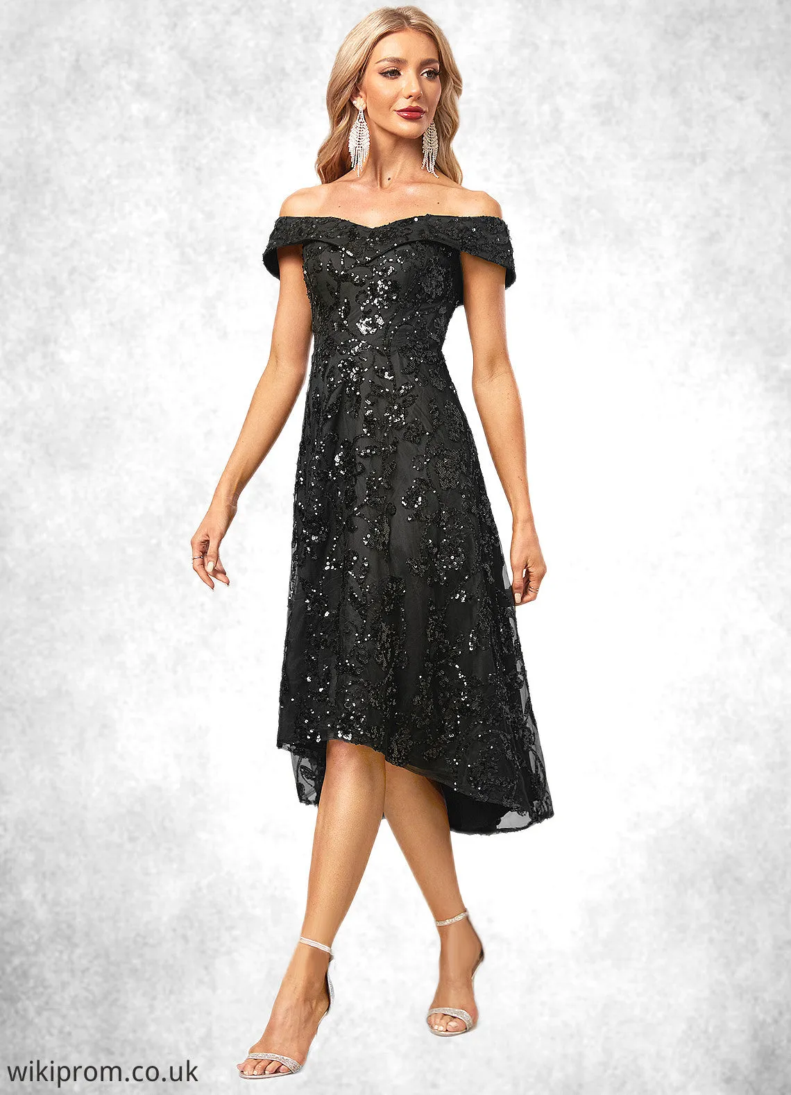London A-line Off the Shoulder Asymmetrical Lace Sequin Cocktail Dress With Sequins SWKP0022328