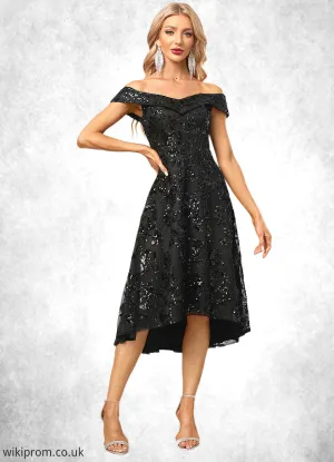 London A-line Off the Shoulder Asymmetrical Lace Sequin Cocktail Dress With Sequins SWKP0022328