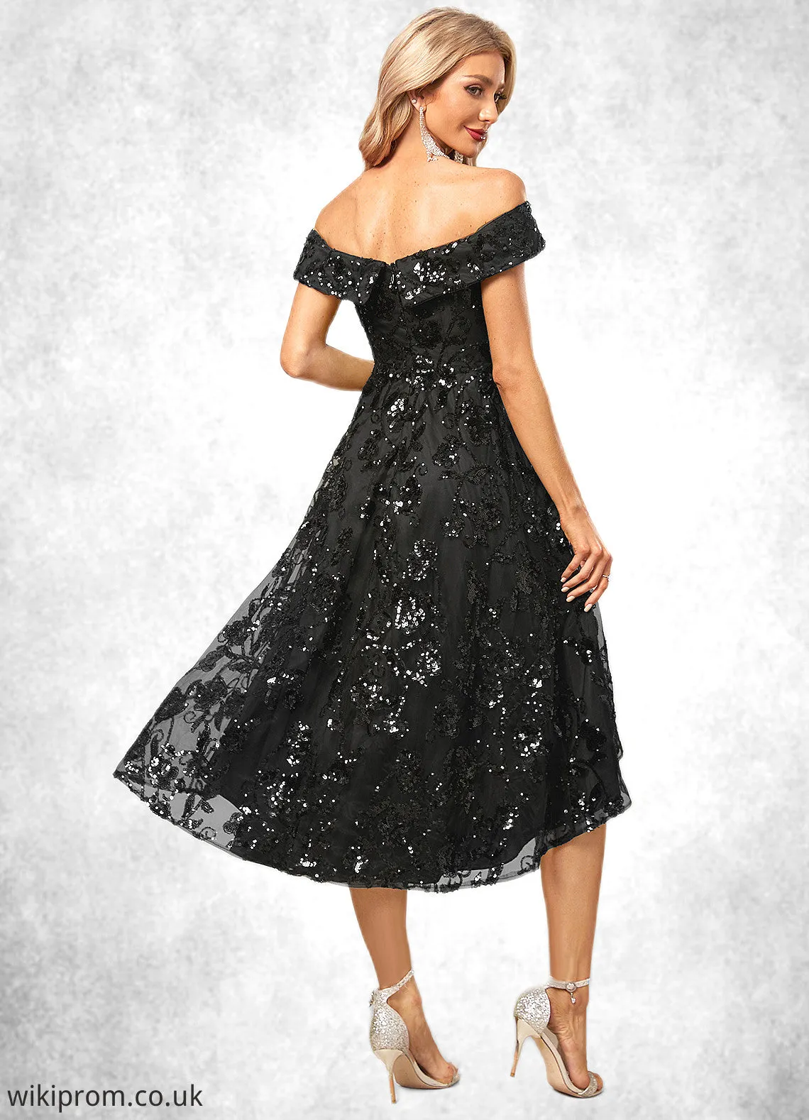 London A-line Off the Shoulder Asymmetrical Lace Sequin Cocktail Dress With Sequins SWKP0022328