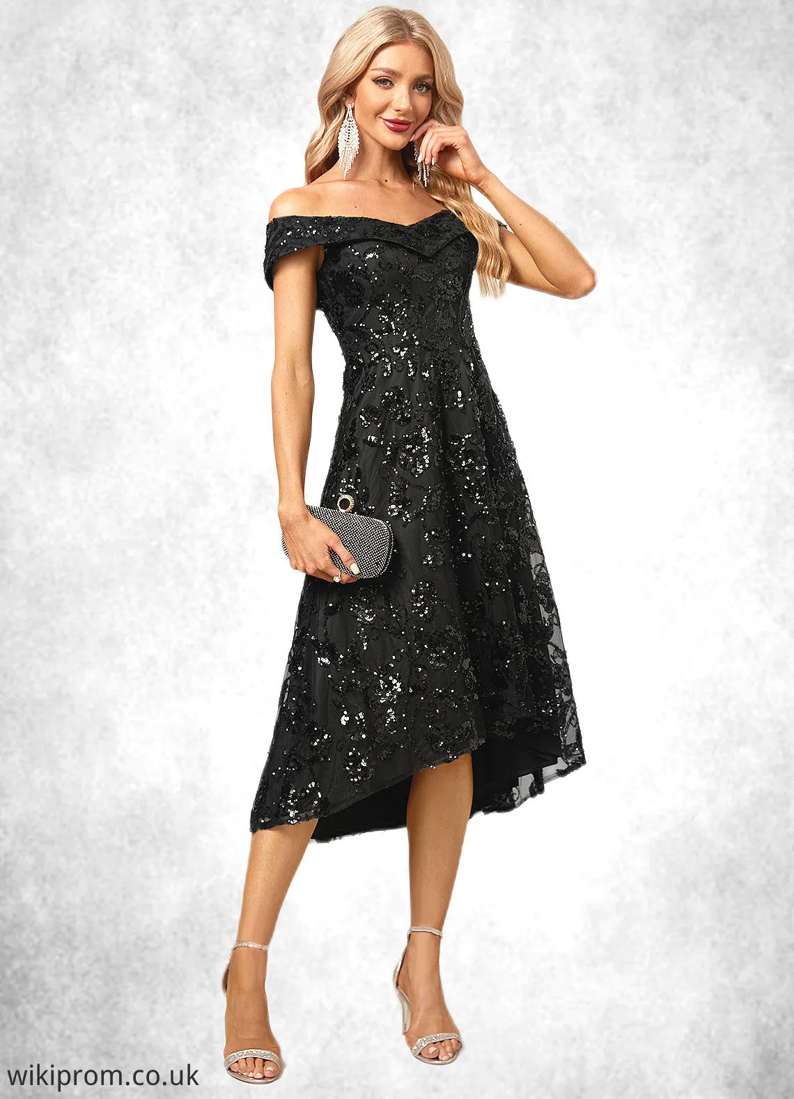 London A-line Off the Shoulder Asymmetrical Lace Sequin Cocktail Dress With Sequins SWKP0022328
