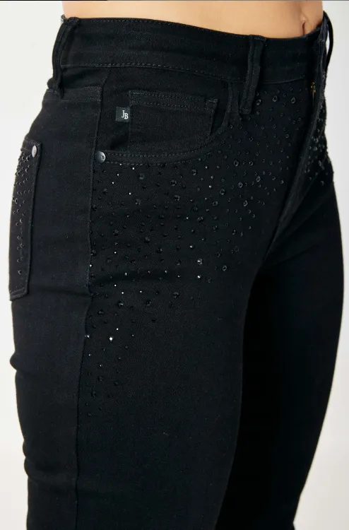 Marie - Judy Blue High Waist Rhinestone Embellishment Slim Black Jeans