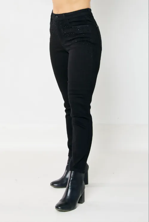 Marie - Judy Blue High Waist Rhinestone Embellishment Slim Black Jeans