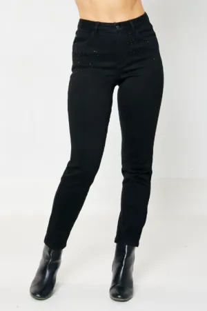 Marie - Judy Blue High Waist Rhinestone Embellishment Slim Black Jeans
