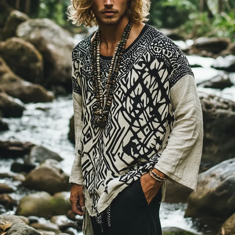 Men's Bohemian Print Round Neck Long Sleeve Loose Fit Shirt 47120872Z