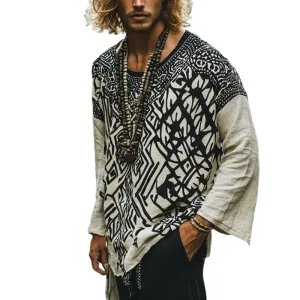 Men's Bohemian Print Round Neck Long Sleeve Loose Fit Shirt 47120872Z