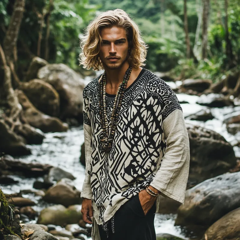 Men's Bohemian Print Round Neck Long Sleeve Loose Fit Shirt 47120872Z