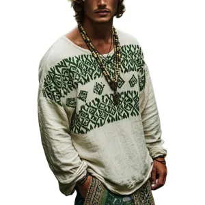 Men's Bohemian Print Round Neck Long Sleeve Loose Fit Shirt 93481871Z