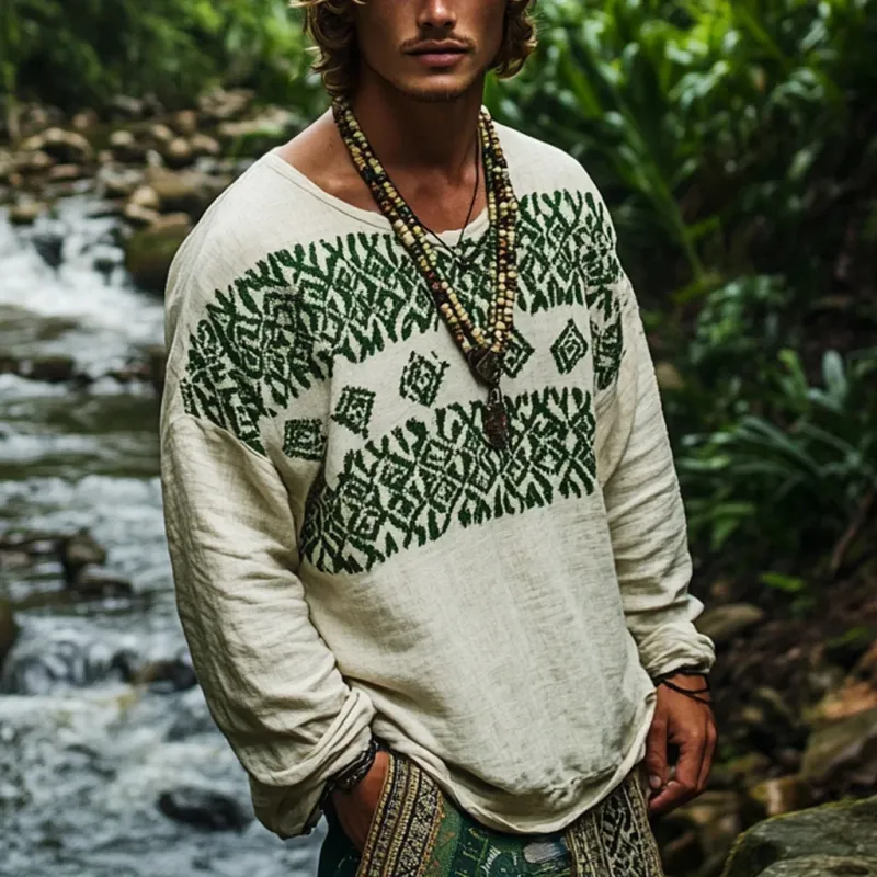 Men's Bohemian Print Round Neck Long Sleeve Loose Fit Shirt 93481871Z