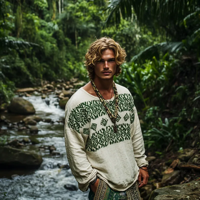 Men's Bohemian Print Round Neck Long Sleeve Loose Fit Shirt 93481871Z