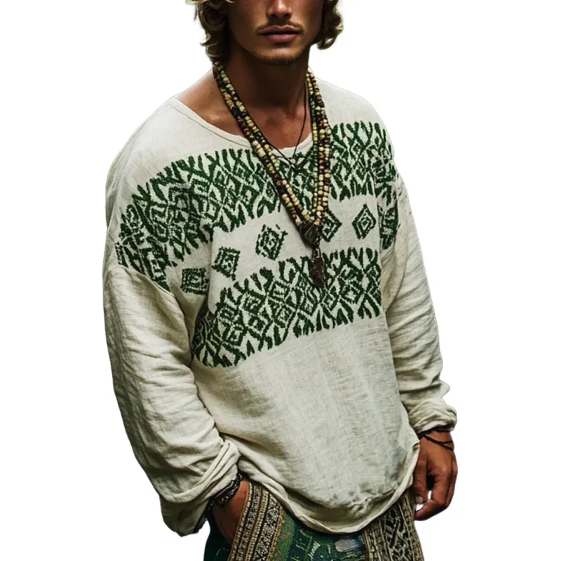 Men's Bohemian Print Round Neck Long Sleeve Loose Fit Shirt 93481871Z
