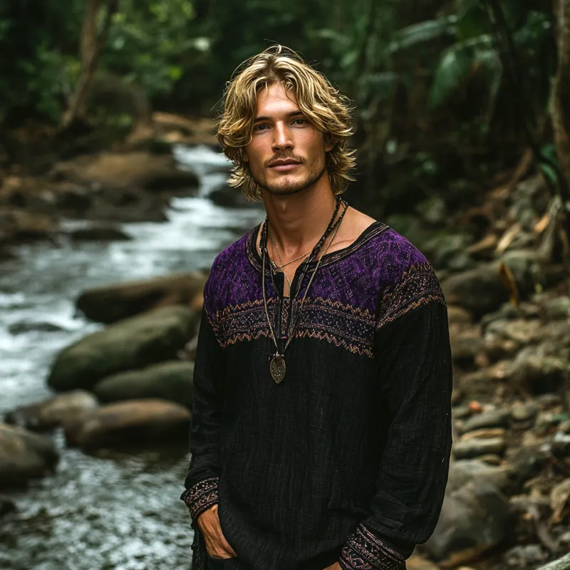 Men's Bohemian Print V Neck Long Sleeve Loose Fit Shirt 02921525Z