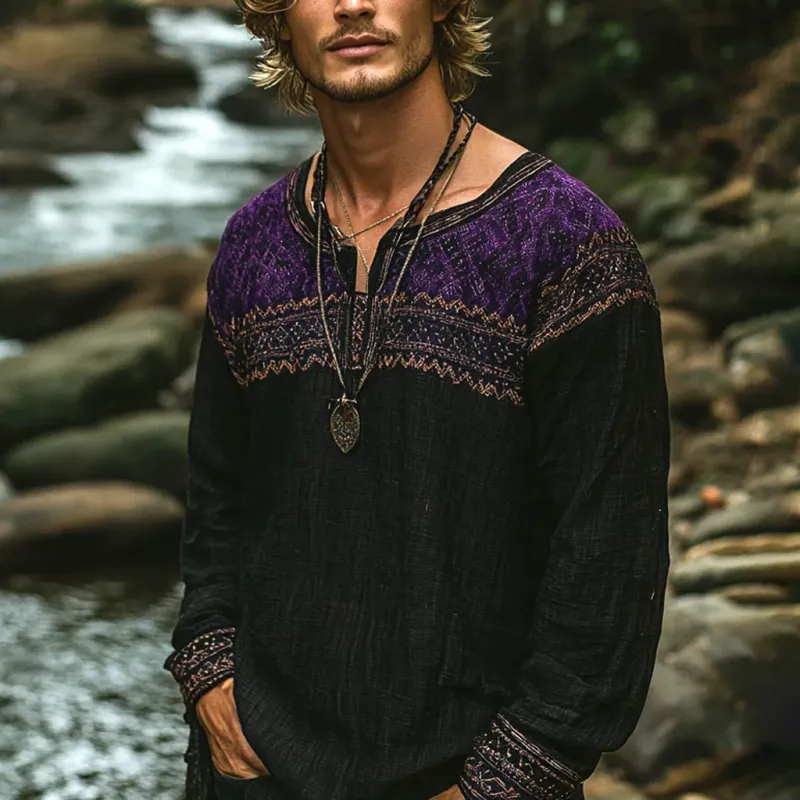 Men's Bohemian Print V Neck Long Sleeve Loose Fit Shirt 02921525Z