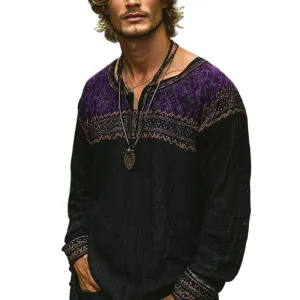 Men's Bohemian Print V Neck Long Sleeve Loose Fit Shirt 02921525Z
