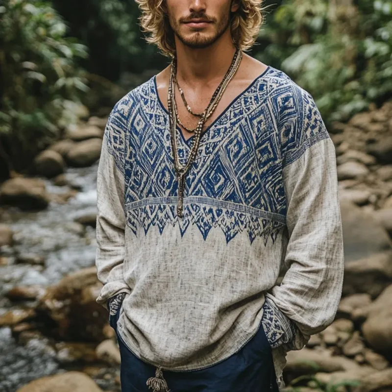 Men's Bohemian Print V Neck Long Sleeve Loose Fit Shirt 59684509Z