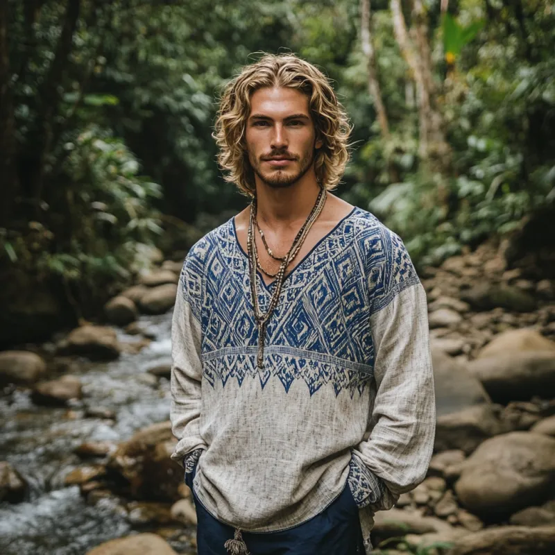 Men's Bohemian Print V Neck Long Sleeve Loose Fit Shirt 59684509Z