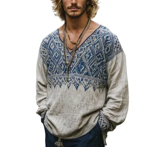 Men's Bohemian Print V Neck Long Sleeve Loose Fit Shirt 59684509Z