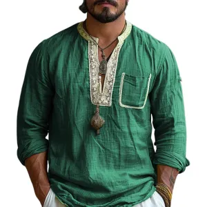 Men's Ethnic Style V Neck Long Sleeve Cotton And Linen Loose Shirt 54201784Z
