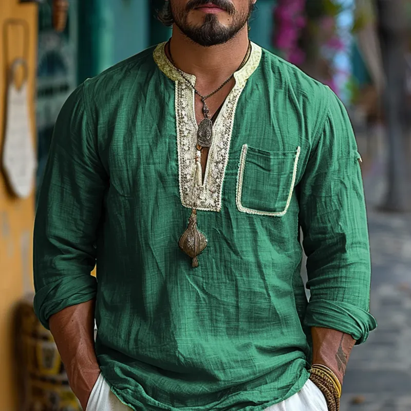Men's Ethnic Style V Neck Long Sleeve Cotton And Linen Loose Shirt 54201784Z