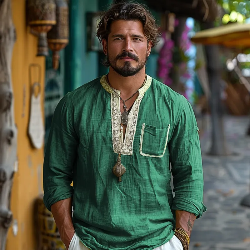 Men's Ethnic Style V Neck Long Sleeve Cotton And Linen Loose Shirt 54201784Z