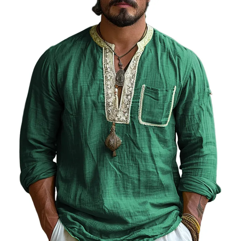 Men's Ethnic Style V Neck Long Sleeve Cotton And Linen Loose Shirt 54201784Z