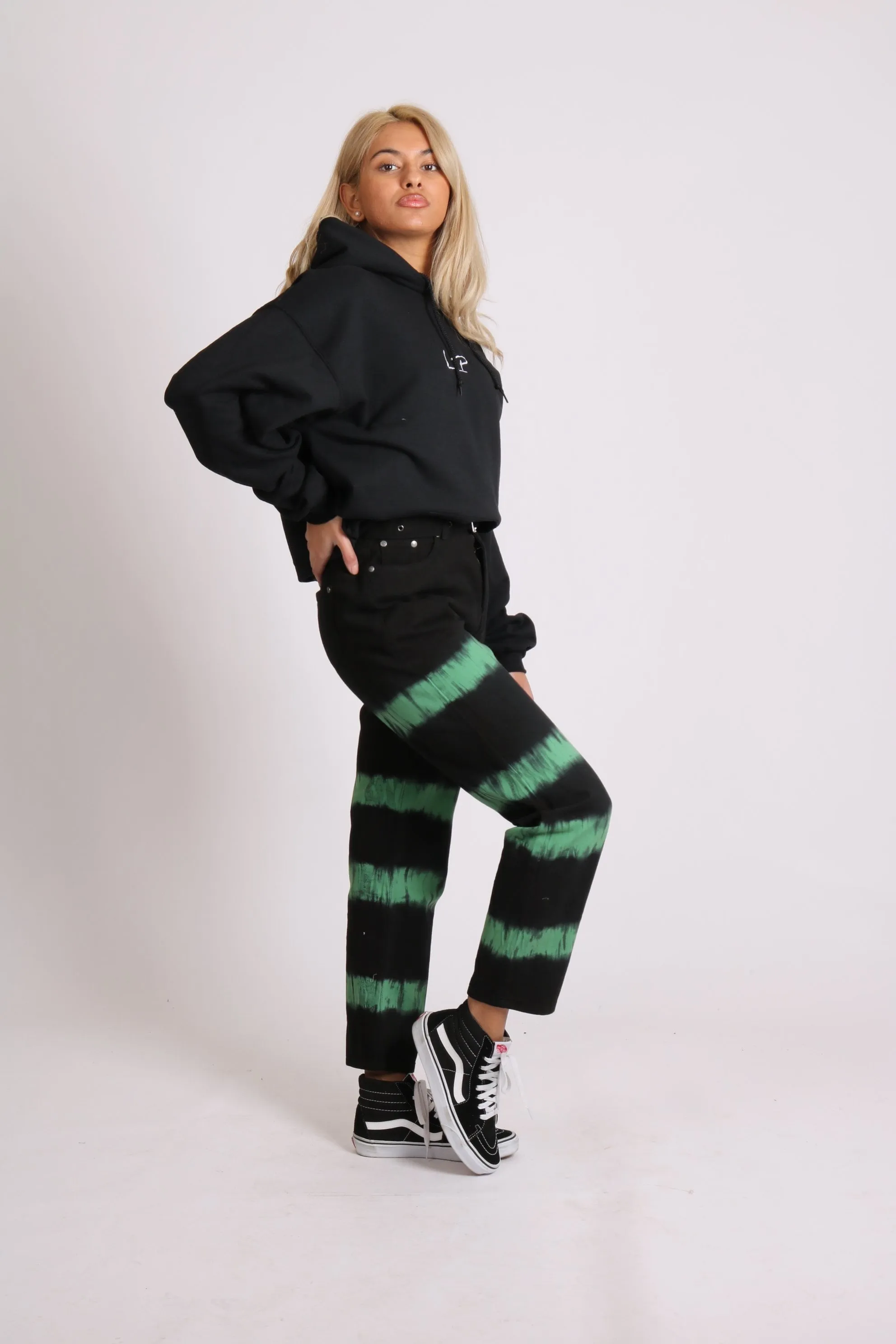 Minty Wide Leg Jeans In Black With Tie Dye Stripe
