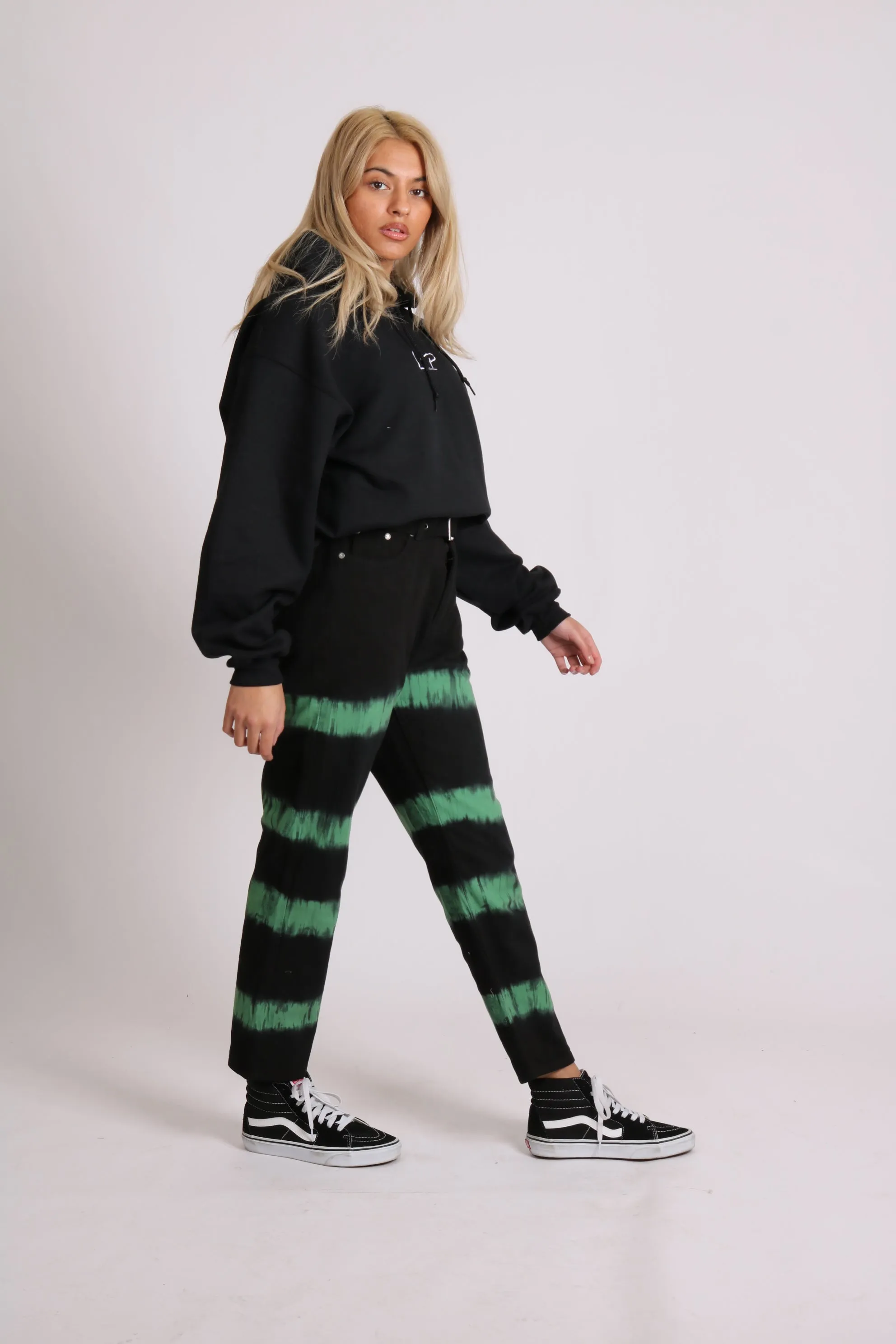 Minty Wide Leg Jeans In Black With Tie Dye Stripe