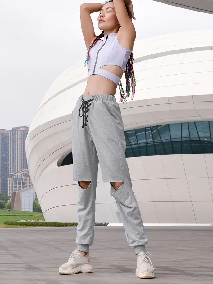 MIP RIPPED AND LACE UP TRACK PANTS IN GREY