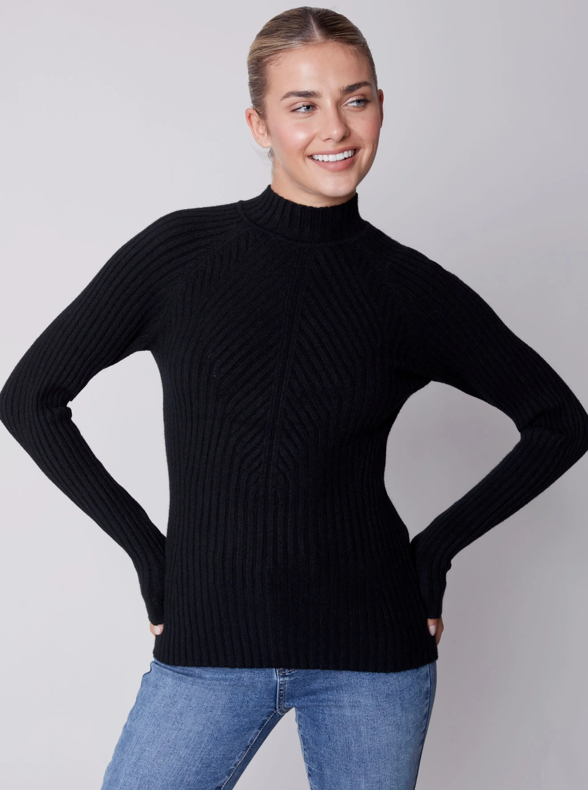Mock Crew Neck Chest Sweater [Black-C2553]