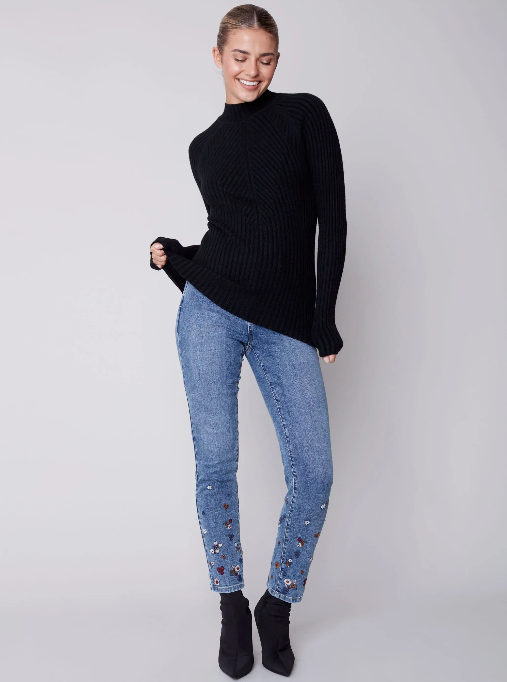 Mock Crew Neck Chest Sweater [Black-C2553]