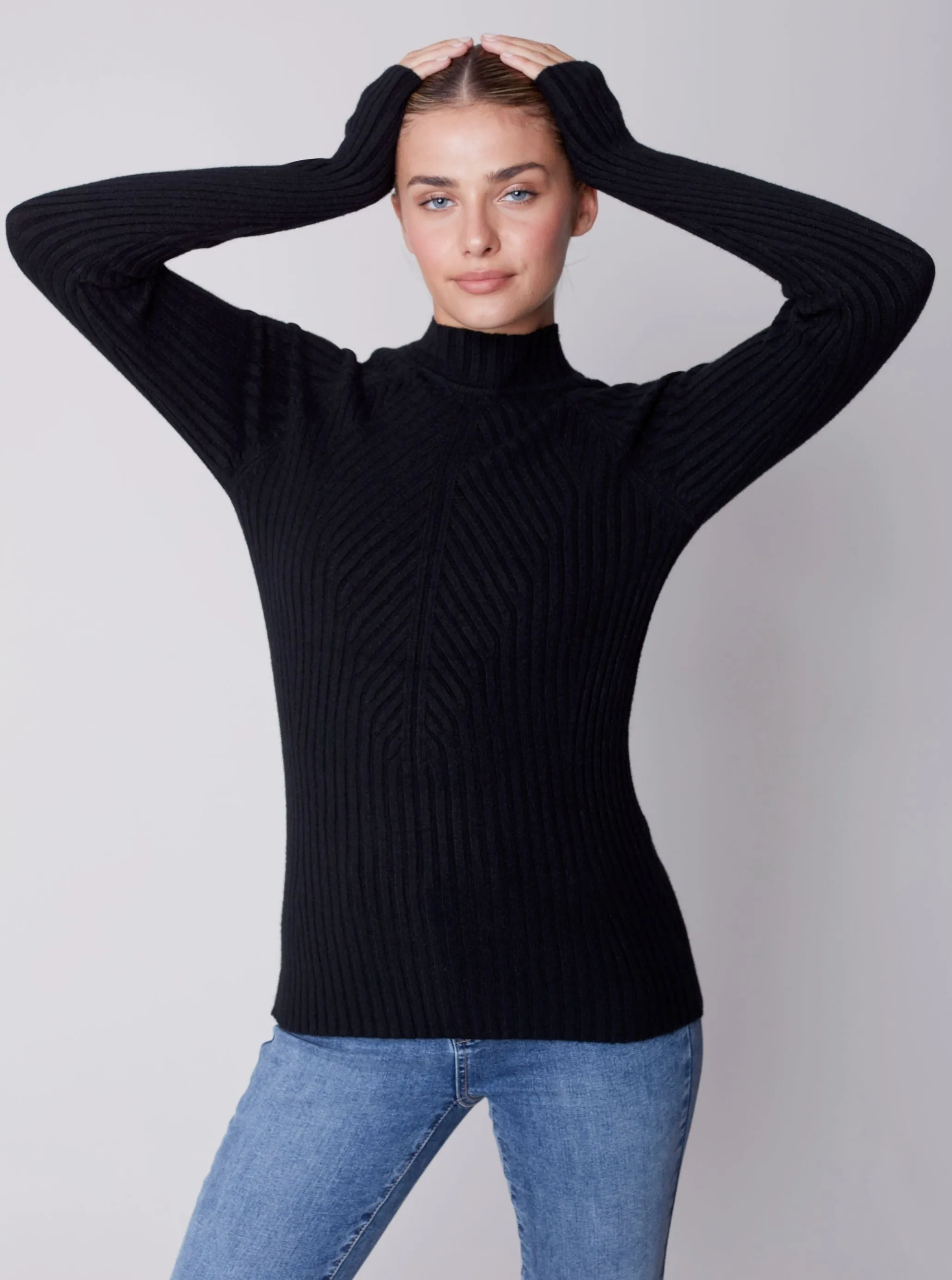 Mock Crew Neck Chest Sweater [Black-C2553]