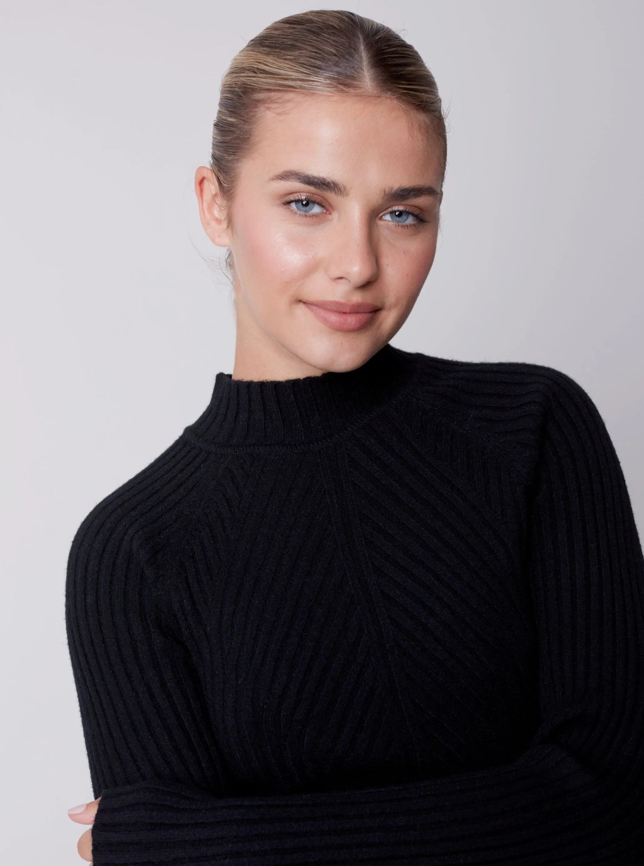 Mock Crew Neck Chest Sweater [Black-C2553]