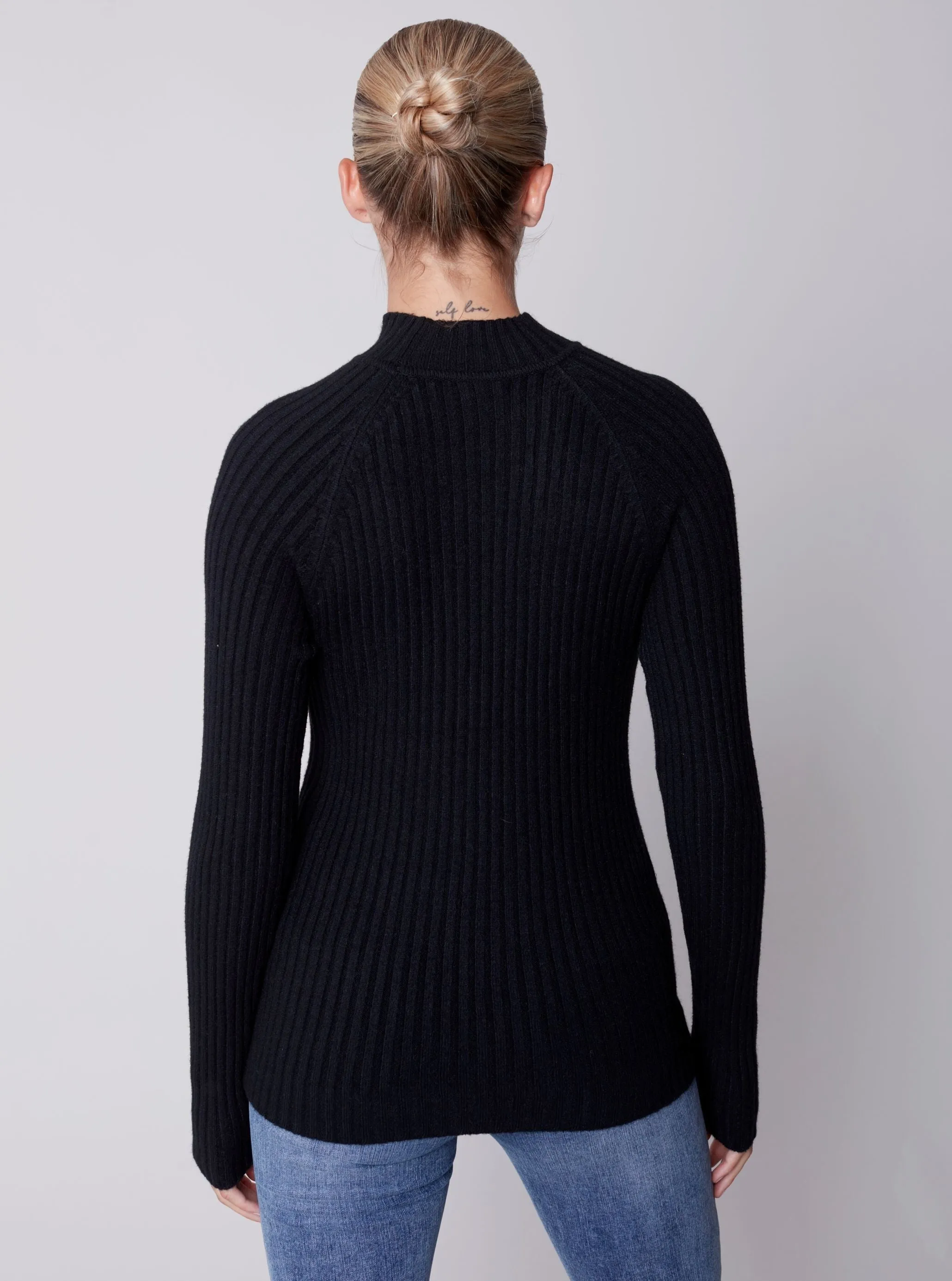 Mock Crew Neck Chest Sweater [Black-C2553]