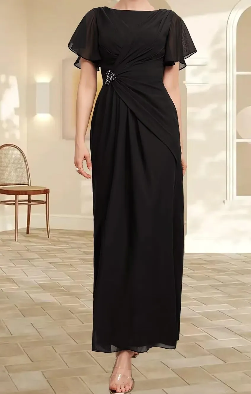 Mother of The Bride Dresses Petite Chiffon Long Boat Neck Formal Party Gowns Ruched Wedding Party Dress