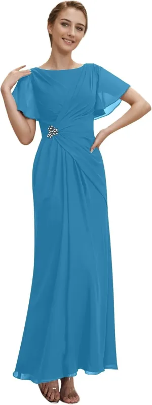 Mother of The Bride Dresses Petite Chiffon Long Boat Neck Formal Party Gowns Ruched Wedding Party Dress