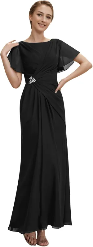 Mother of The Bride Dresses Petite Chiffon Long Boat Neck Formal Party Gowns Ruched Wedding Party Dress