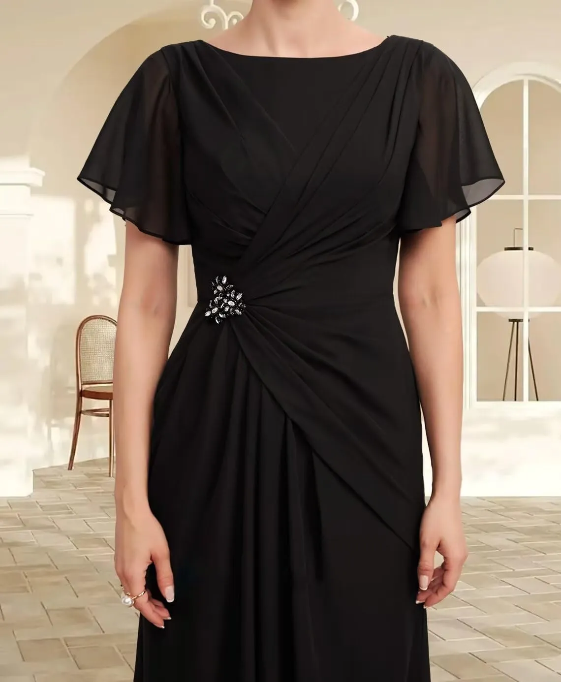 Mother of The Bride Dresses Petite Chiffon Long Boat Neck Formal Party Gowns Ruched Wedding Party Dress
