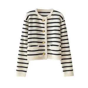 O Neck Stripe Knitted Long Sleeve Cardigan Sweater